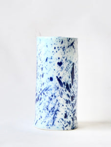 Blue porcelain bud vase with splatter detail