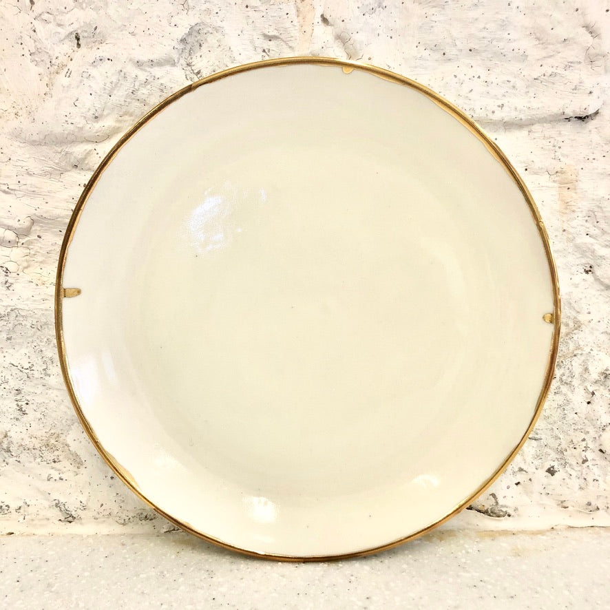 Large White Porcelan Plate with Gold Lustre Rim